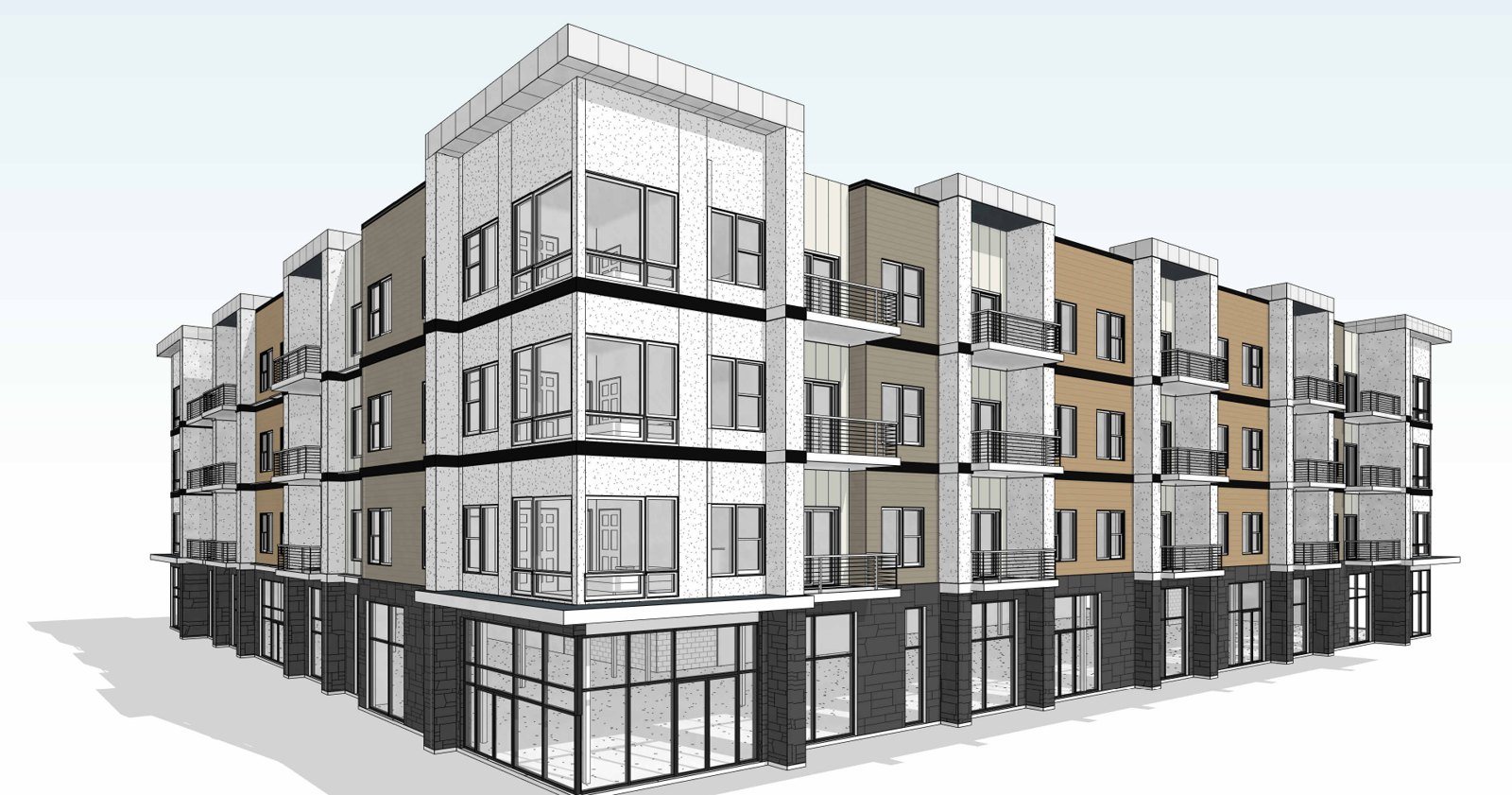 Model view of a four-story mixed-use building with glass storefronts at the corner and apartments with balconies above