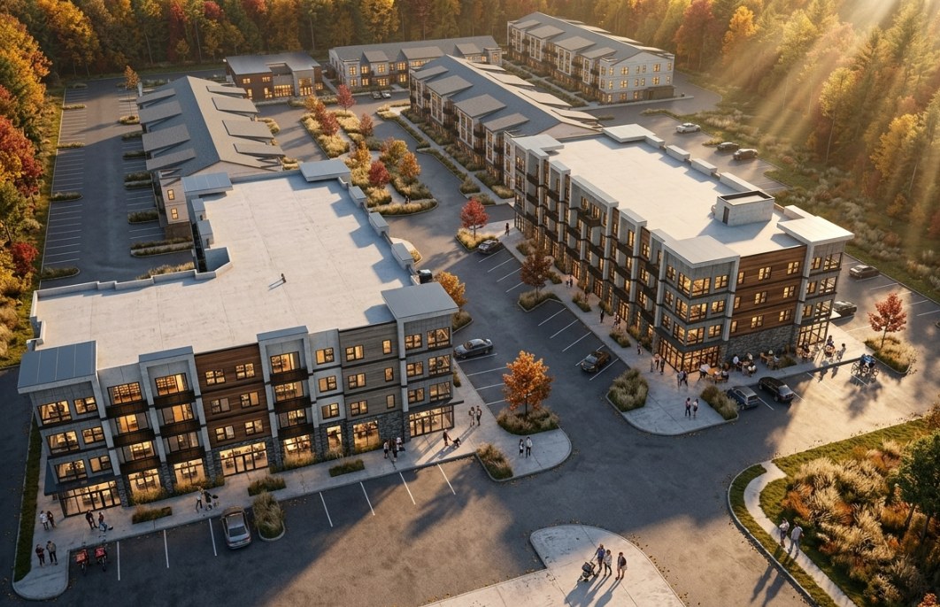 Aerial rendering of the Capitol Trail community, with two four-story mixed-use buildings in front and three-story residential buildings behind