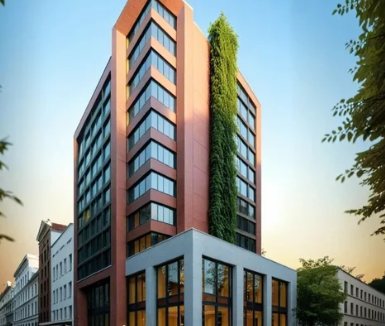Rendering of a 12-story mixed-use building with brick and glass facades and a green wall rising above a two-story commercial base