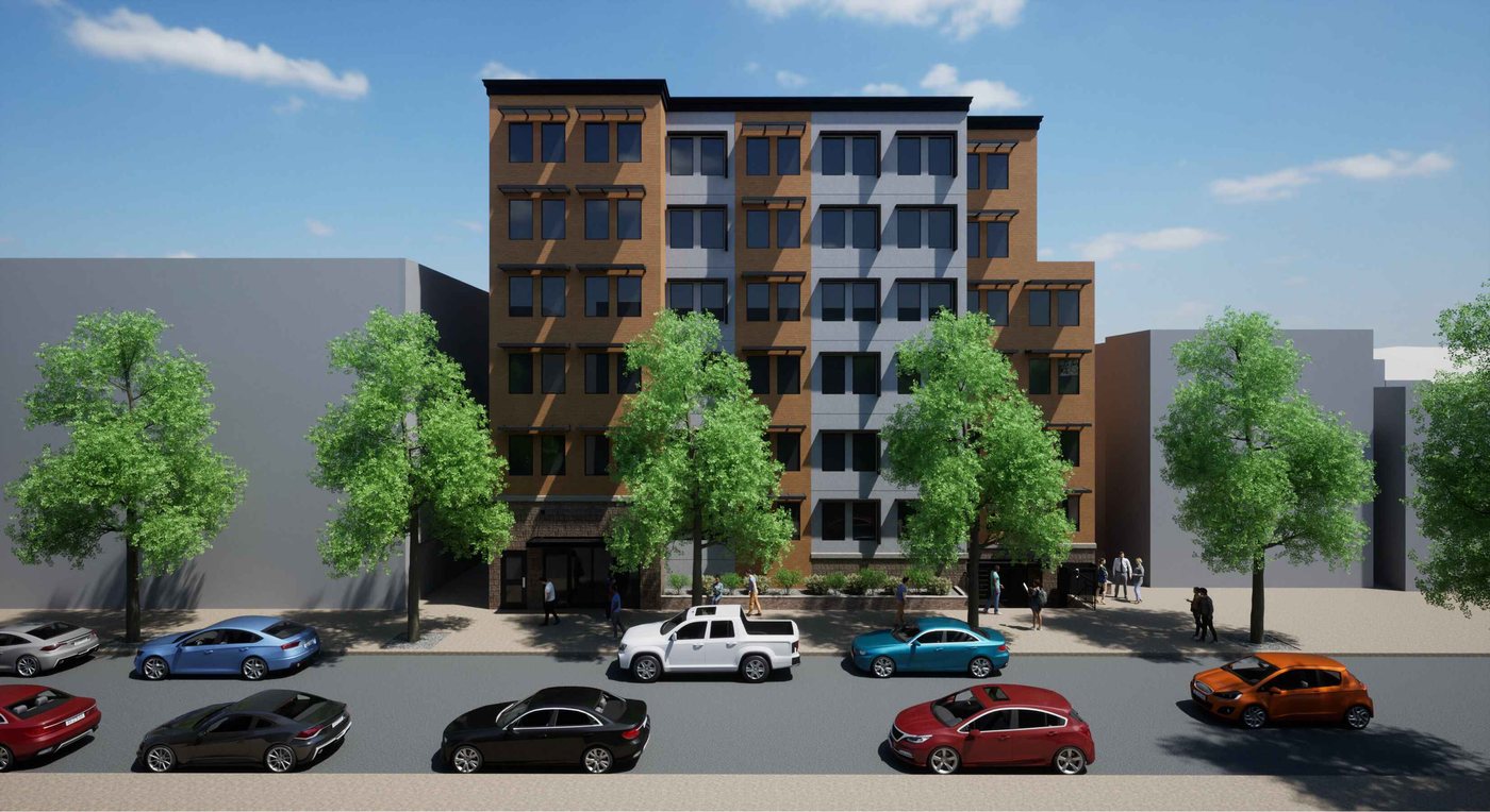 Rendering of a six-story brick and panel apartment building on a tree-lined Brooklyn street