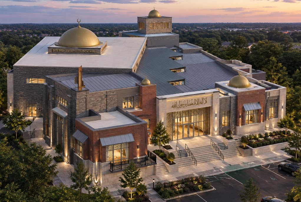 Aerial dusk rendering of the masjid with gold domes, brick and stone facades, standing seam metal roofs, and a lit main entrance with broad front steps