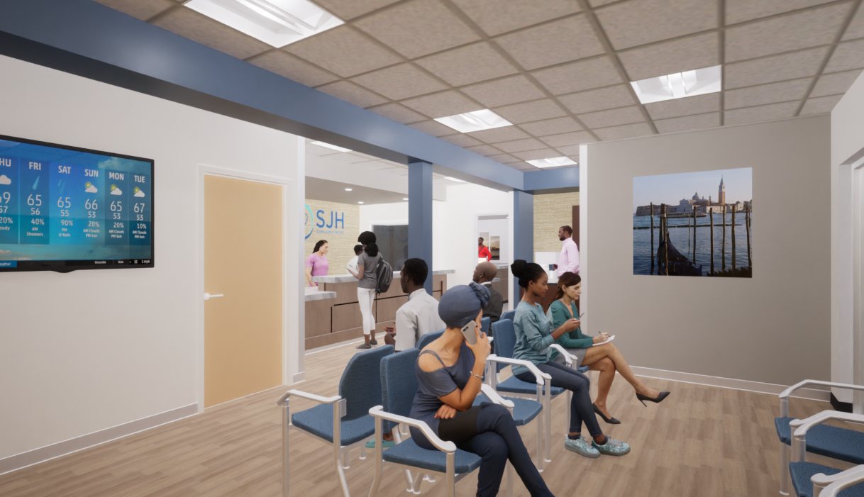 Interior rendering of the Willing Heart clinic waiting area and reception